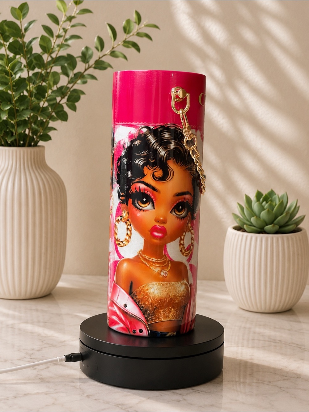 Pink Graphic Travel Tumbler with Gold Chain Detail - Picture 2 of 3
